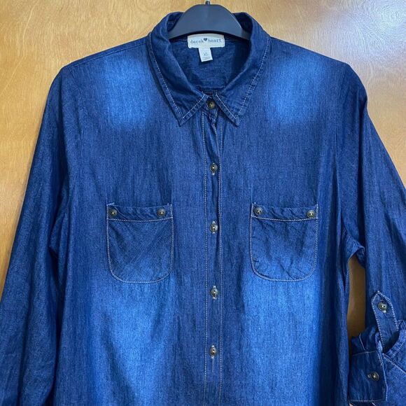 Derek Heart Blue Button Up Denim Jean Dress Size XL Roll Sleeve Keyhole Back - Picture 7 of 12
